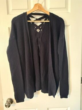 3/$15 Dynamite Navy Open-Front Knit Cardigan with Lace-Up Back